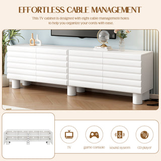 Stylish Thick Wavy Door TV Cabinet With Adjustable Shelves, Cream Style TV Stand With 4 Cabinets For TVs Up To 75, Solid Media Console With Cylindrical Legs And Cable Holes For Living Room, White