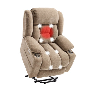 Power Lift Recliner Chair With Massage & Heat, Single Motor Lift Chair, Chenille Fabric Upholstery, USB Type-C, Cup Holders, Side Pockets, Light Brown