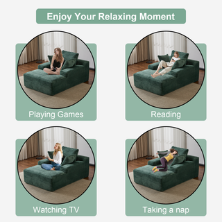 Oversized Chaise Lounge Chair Cozy Cloud Couch, Modern Plush Corduroy Upholstered Sleeper Sofa Daybed With 3 Throw Pillows And Wide Armrest For Living Room, No Assembly Required,Green