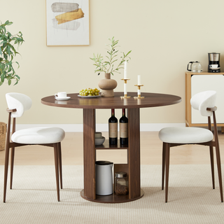 31.5 Round Dining Table Serves 2-4 With Two Dining Chairs Blends Modern And Farmhouse Styles, Featuring A Double-tiered Storage Shelf, Suitable For Dining Rooms Or Living Spaces.Walnut
