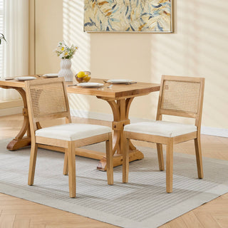 Farmhouse Rattan Dining Chairs Set Of 2, Mid Century Modern Kitchen & Dining Room Chairs, Cane Upholstered Kitchen Side Chair With Natural Hardwood Frame, Beige