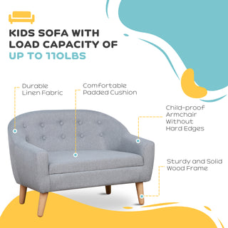 2-Seat Kids Sofa, Toddler Sofa Couch, Linen-Like Fabric & Wood Frame Sofa Chair for Ages 3-7, 11" High Seat, Gray