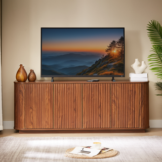Sideboard Storage Cabinet TV Stand With Wave Pattern Buffet Cabinet Wooden Vertical Striped Cabinet For Kitchen Bedroom Entryway. Walnut, 64W X 15D X 24H.