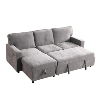 Upholstery Sleeper GREY Sectional Sofa With Storage Space, USB Port, 2 Cup Holders On Back Cushions