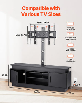 60" TV Stand With Mount For Up To 75 In TVs, Entertainment Center With Power Outlet & LED Lights, Height Adjustable TV Console With Mount With 3 Tiers Storage Cabinets For Bedroom, Living Room