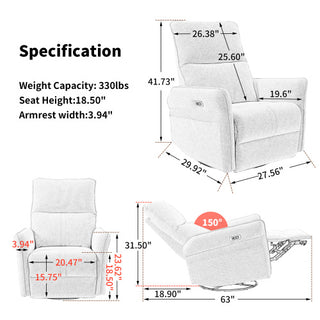270 Power Swivel Rocker Recliner Chair, PU Leather Electric Glider Reclining Sofa With USB Ports, Power Swivel Glider, Rocking Chair,Nursery Recliners For Living Room Bedroom  Light Gray  270Swivel
