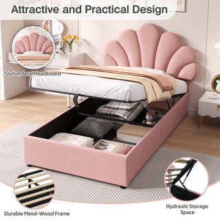 3ft Single Upholstered Hydraulic Bed With Adjustable Chic Petal Headboard, Soft Velvet Bed Frame With Hydraulic Storage, Petal Bed With Solid Wood Slat, No Box Spring Needed,  No Mattress