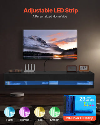 Floating TV Stand, 71 In Wall Mount Entertainment Center With Power Outlet & LED Lights, Modern Floating TV Shelf With 2 Drawers & Storage Cabinet For DVD Player, Cable Box, Game Console, Black