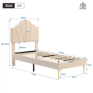 Velvet Upholstered Bed,Single Bed-3ft 90x190cm, Shell-like Bed With Golden Iron Legs, Wooden Slatted Frame, Upholstered Bench With Storage Space 90x40x42cm