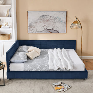 Queen Size Upholstered Tufted Bed Frame, Sofa Bed Frame With Comfortable Backrest And Armrests, Queen Size Bed For Bedroom, Living Room,Velvet, DARK BLUE 85.5x64.5x30.5