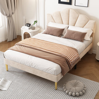 Velvet Upholstered Bed,Double Bed-4ft6 135x190cm, Shell-like Bed With Golden Iron Legs, Height-adjustable Headboard, Wooden Slatted Frame, Beige