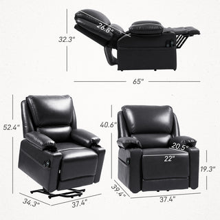 Power Lift Chair for Elderly, Faux Leather Recliner Sofa with Vibration Massage and Heat, Remote, Side Pockets, Black