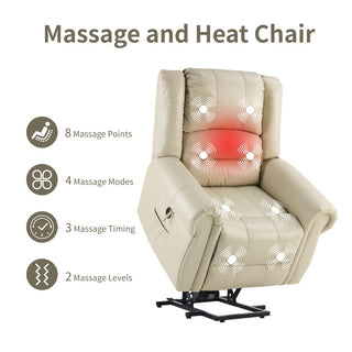 Power Lift Recliner Chair With Massage & Heat, Single Motor Lift Chair, Breathable PU Faux Leather, USB & Type-C, Side Pockets, Cream