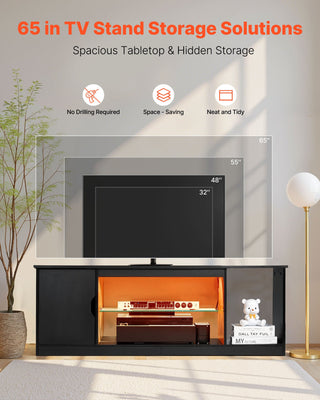 TV Stand For TVs Up To 65 Inch, Modern Entertainment Center With Light Strip, Wooden TV Cabinet Storage With Glass Shelf And Adjustable Shelves, Console Table For Living Room And Bedroom, Black