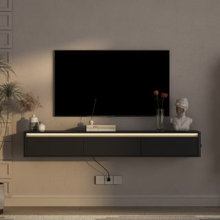 Floating TV Stand, Wall Mounted TV Shelf With Led Lights & Power Outlet,High Gloss TV Cabinet For Black Tv Stands For Living Room