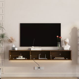 Floating TV Stand, Wall Mounted TV Shelf With Led Lights & Power Outlet,High Gloss TV Cabinet For Wood Tv Stands For Living Room