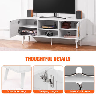 Rattan TV Stand, Boho TV Cabinet For 55 Inch TV, Mid Century Modern TV Stand, Rattan TV Console With Adjustable Shelfs For  Living Room, Media Room, White