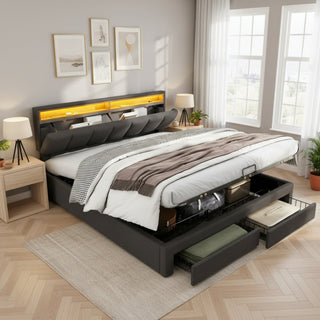 Upholstered Bed With LED Lighting, Double Bed-4ft6 135x190cm, Hydraulic Storage Bed With Bed Box, Drawers And Storage Compartments, Stowable Foam Headboard, Double Bed With Steel Frame, Linen, Grey