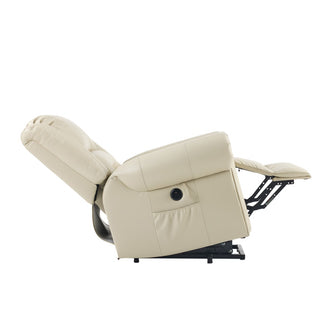 Power Lift Recliner Chair With Massage & Heat, Single Motor Lift Chair, Breathable PU Faux Leather, USB & Type-C, Side Pockets, Cream