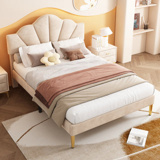 Velvet Upholstered Bed,Double Bed-4ft6 135x190cm, Shell-like Bed With Golden Iron Legs, Height-adjustable Headboard, Wooden Slatted Frame, Beige