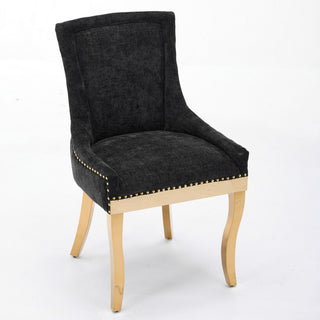 Chenille Dining Chairs, Modern Style With Curved Gold - Plated Legs & Rivet Trim, Upholstered Comfort For Dining Lounge, Accent Seating With Textured Fabric & One - Piece Structure, Black,Set Of 2