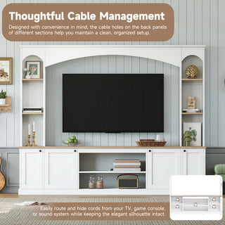 Elegant Arched Entertainment Center Wall Unit With Bookshelf, Farmhouse Large TV Stand With Wood Grain For TVs Up To 70, 91inch Stylish Media Console With Adjustable Shelves For Living Room, White