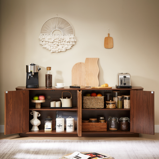 Sideboard Storage Cabinet TV Stand With Wave Pattern Buffet Cabinet Wooden Vertical Striped Cabinet For Kitchen Bedroom Entryway. Walnut, 64W X 15D X 24H.