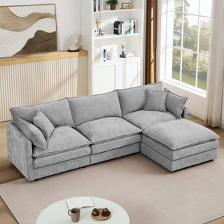 Modular Sectional Sofa, 102 Inch L Shaped Couch Set For Living Room, 3-Seater Comfy Cloud Couches With Movable Ottoman, DIY Combination, Chenille, Grey