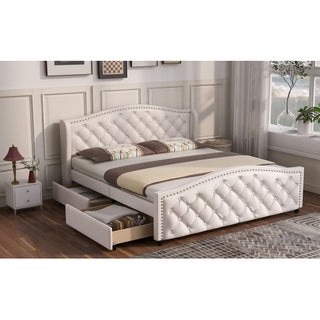 Upholstered Bed 135 X 190cm - Bed With Slatted Frame, 2 Drawers And Headboard With Pull Point Rivets - Wood & Faux Leather - White - Youth Bed Guest Bed