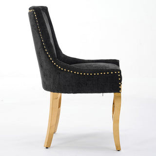 Chenille Dining Chairs, Modern Style With Curved Gold - Plated Legs & Rivet Trim, Upholstered Comfort For Dining Lounge, Accent Seating With Textured Fabric & One - Piece Structure, Black,Set Of 2